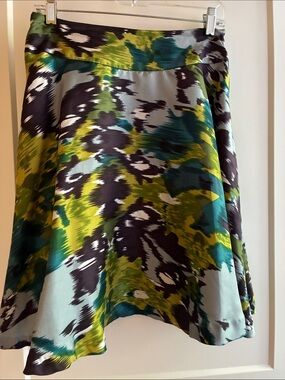 Context 100% Silk Ikat-Inspired Skirt - Teal Green Black, size 4